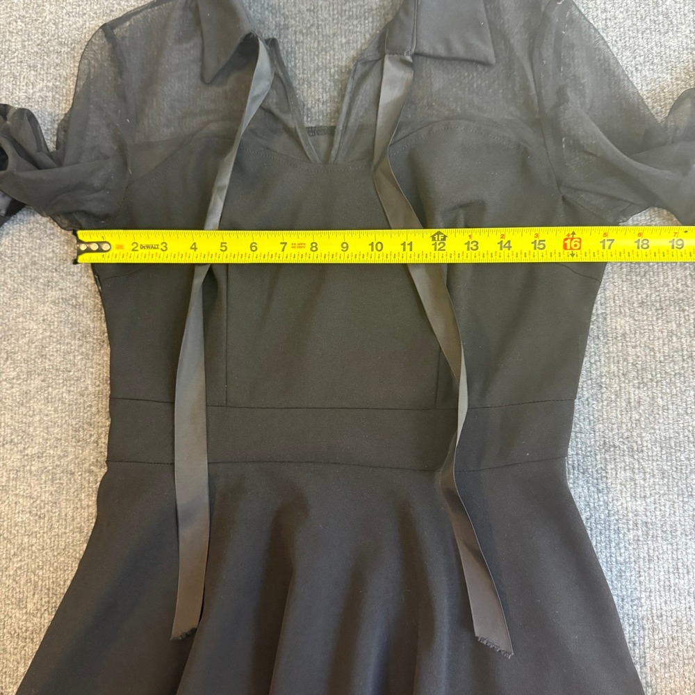Black Mesh Sheer Bell Sleeve Gothic Dress Satin Ribbon Tie Bows Mini Size Large - Picture 9 of 10